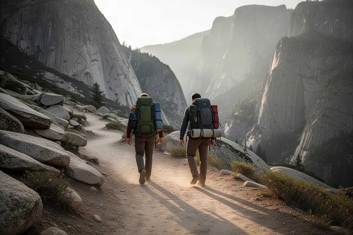 Dos mochileros con mochilas cargadas subiendo un sendero de curvas de granito polvoriento con luz de última hora de la tarde
