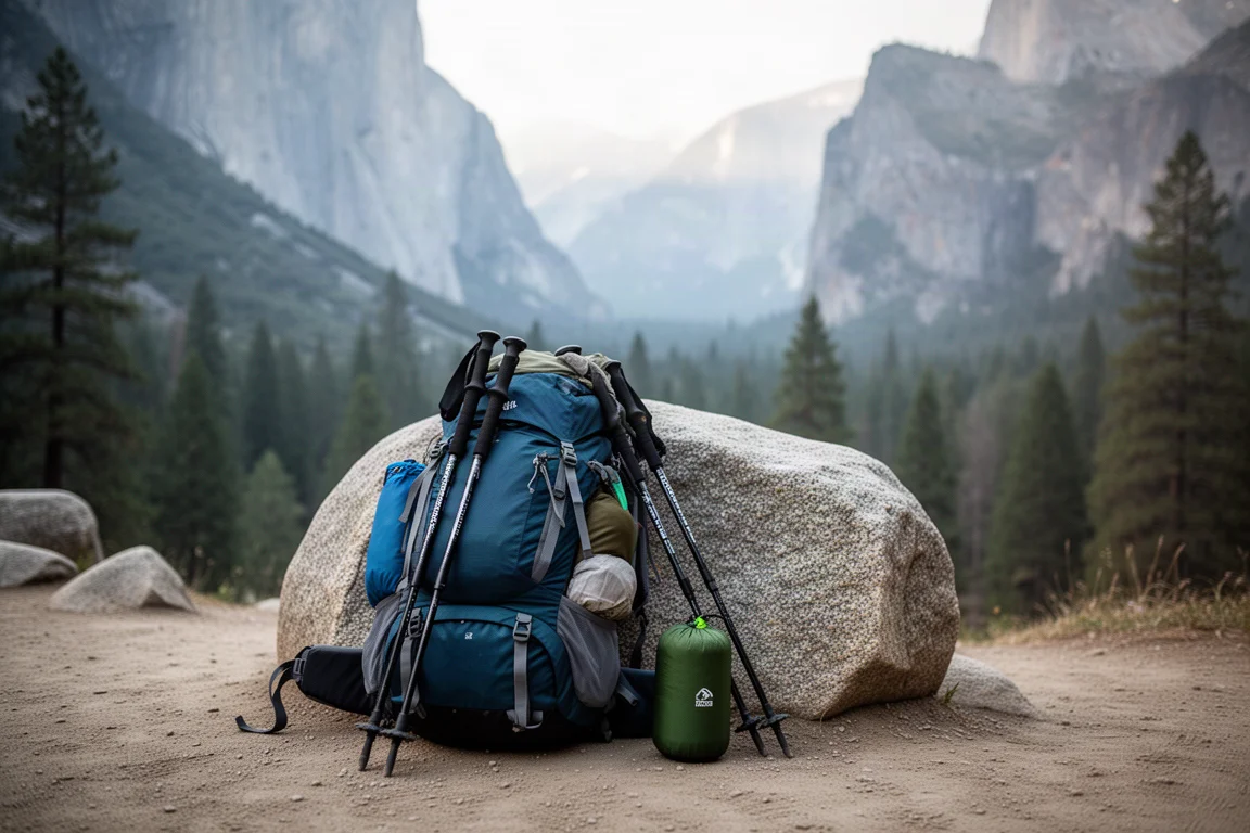 Mochila de mochilero apoyada contra una roca de granito en el inicio del sendero con luz fría de madrugada