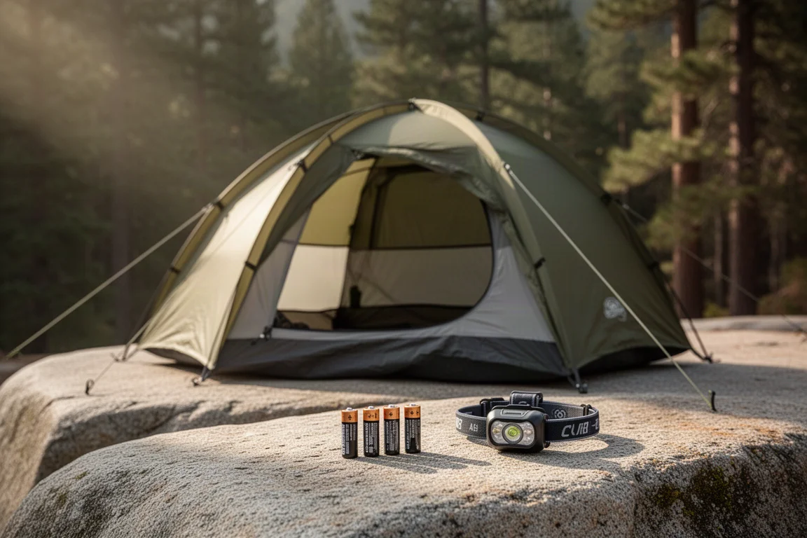 Two-person backpacking tent pitched on granite with AAA batteries and a headlamp in the foreground