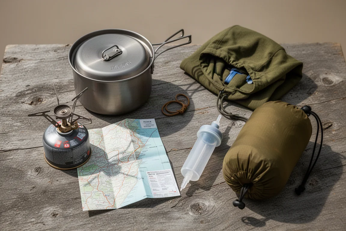 Essenziali da backpacking disposti dall'alto su legno consumato