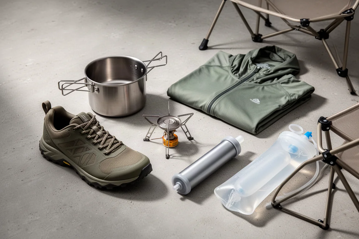 Backpacking gear including titanium pot, stove, trail shoe, hoodie, filter and camp chair on concrete