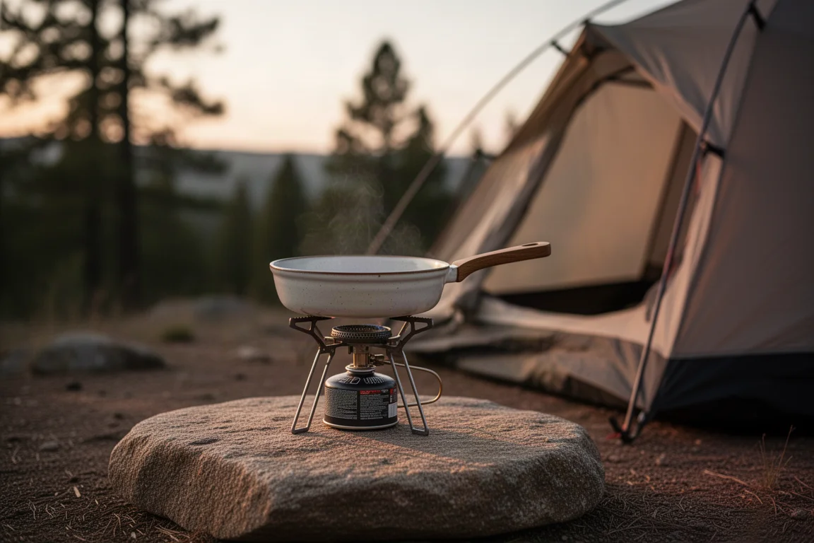Sartén de cerámica colocada sobre el soporte de olla de un hornillo de camping
