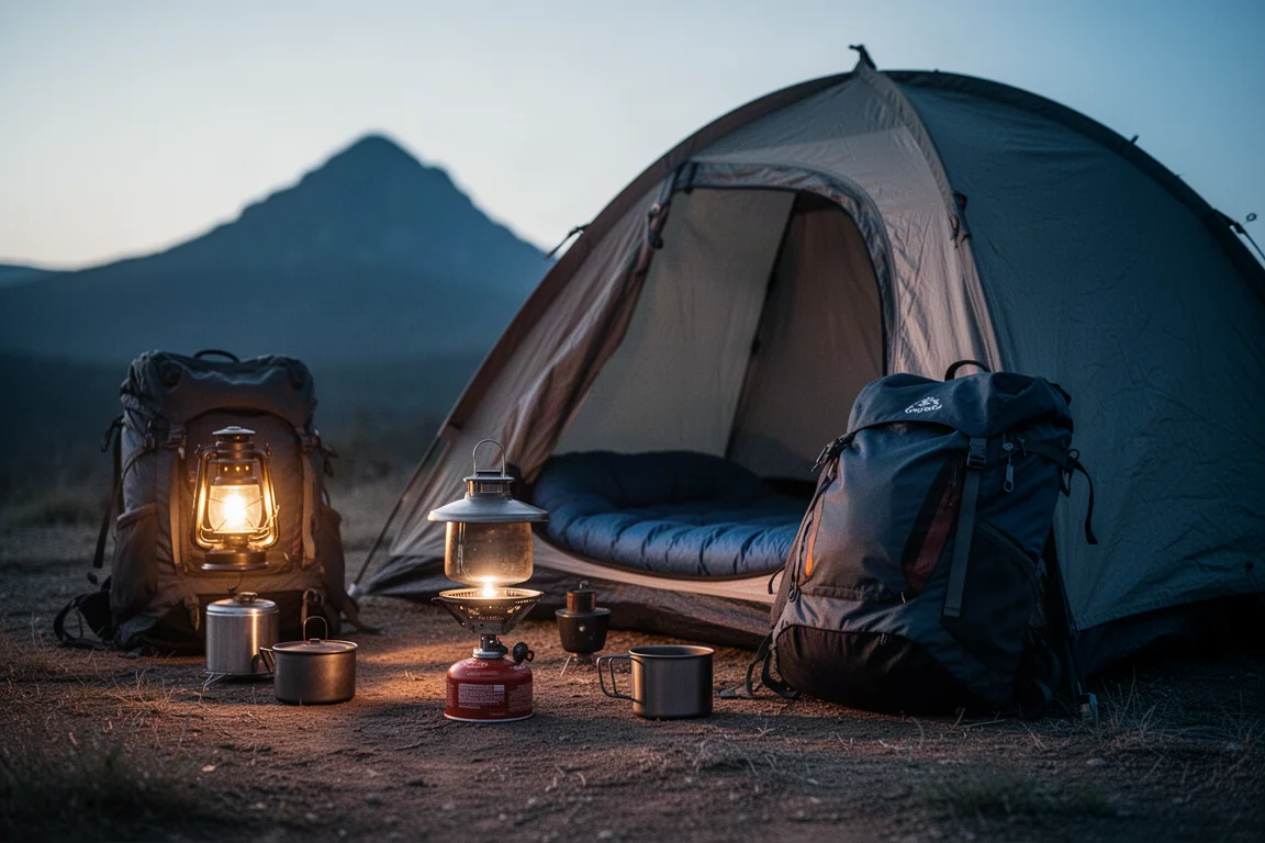 Mochilero organizando la cocina de campamento y el equipo de dormir al atardecer
