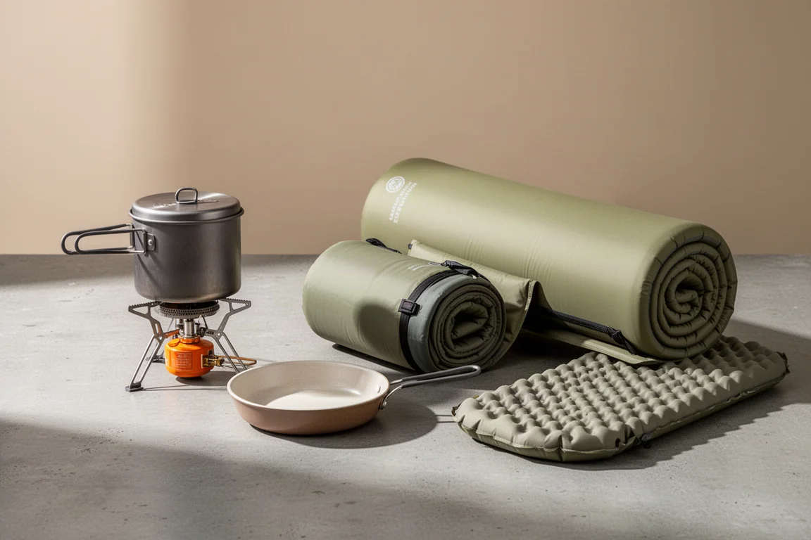 Backpacking stove, skillet, and sleeping pads arranged on a concrete surface