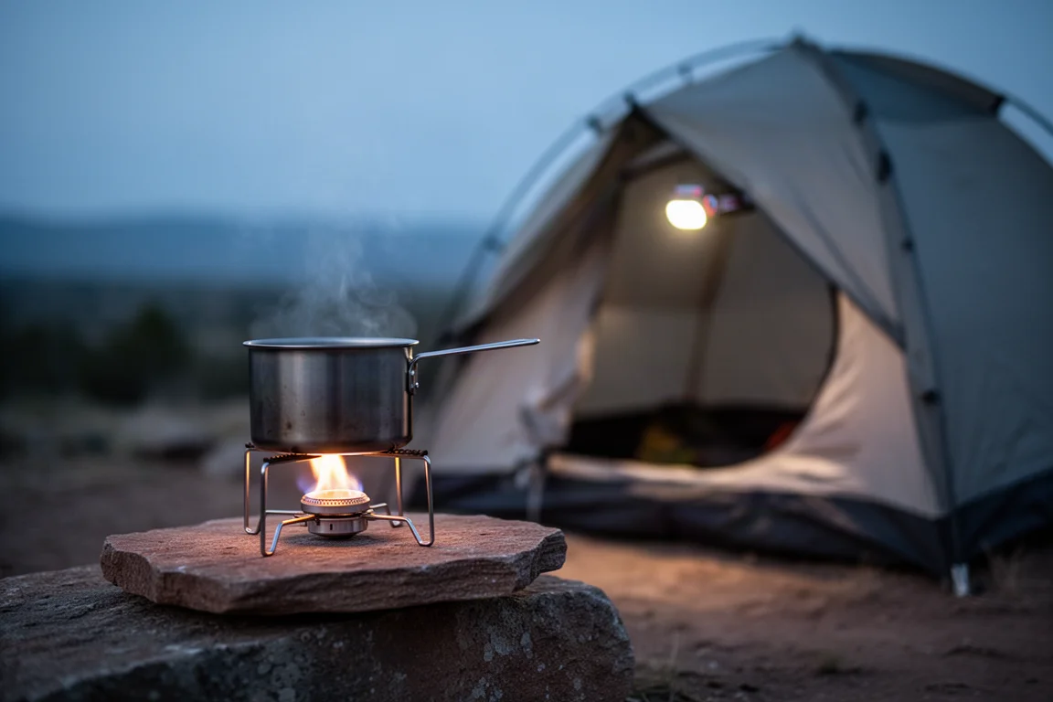 Camp stove flame under a pot at a dusk campsite with a lit tent behind