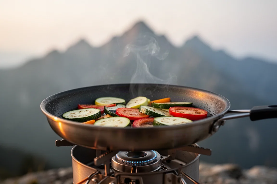 Camp skillet with vegetables cooking over a stove flame in an alpine setting