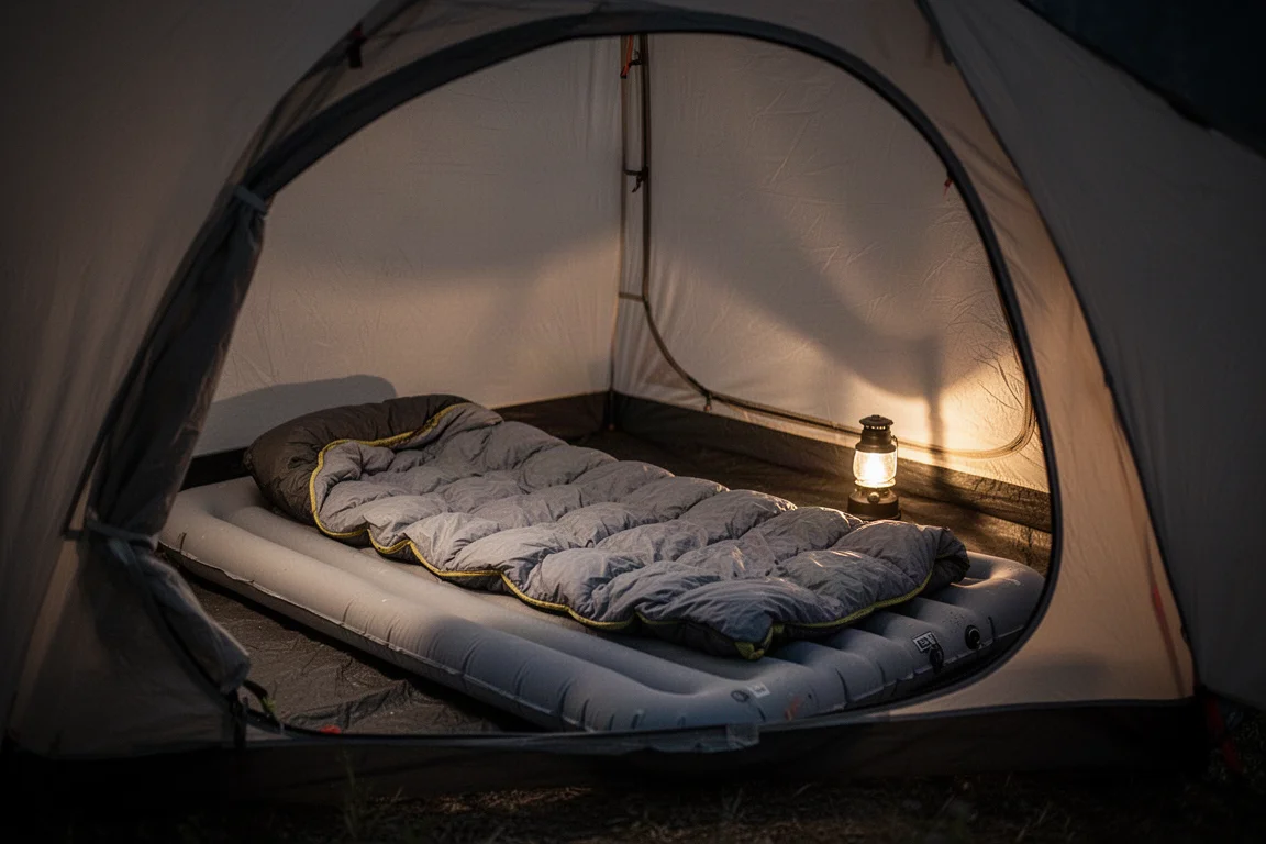 Inflatable sleeping pad and quilt laid out inside a tent at night