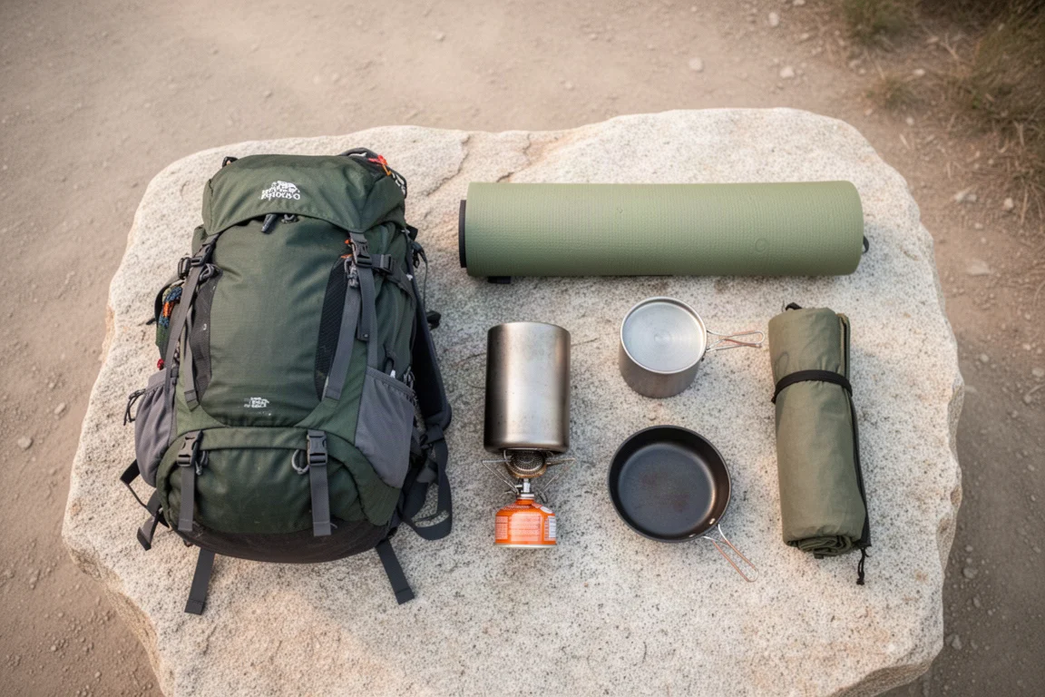 Backpacking gear laid out flat on a granite slab beside a trailhead