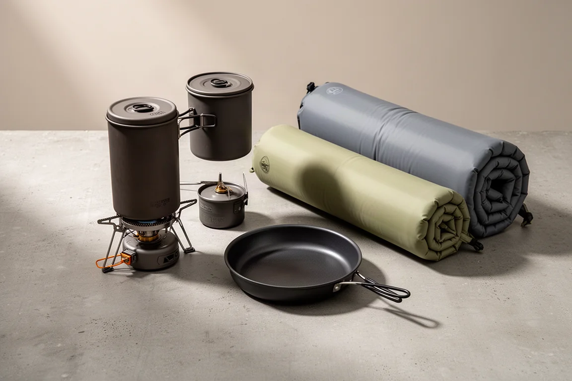 Backpacking stove system, skillet, and two rolled sleeping pads on a concrete surface