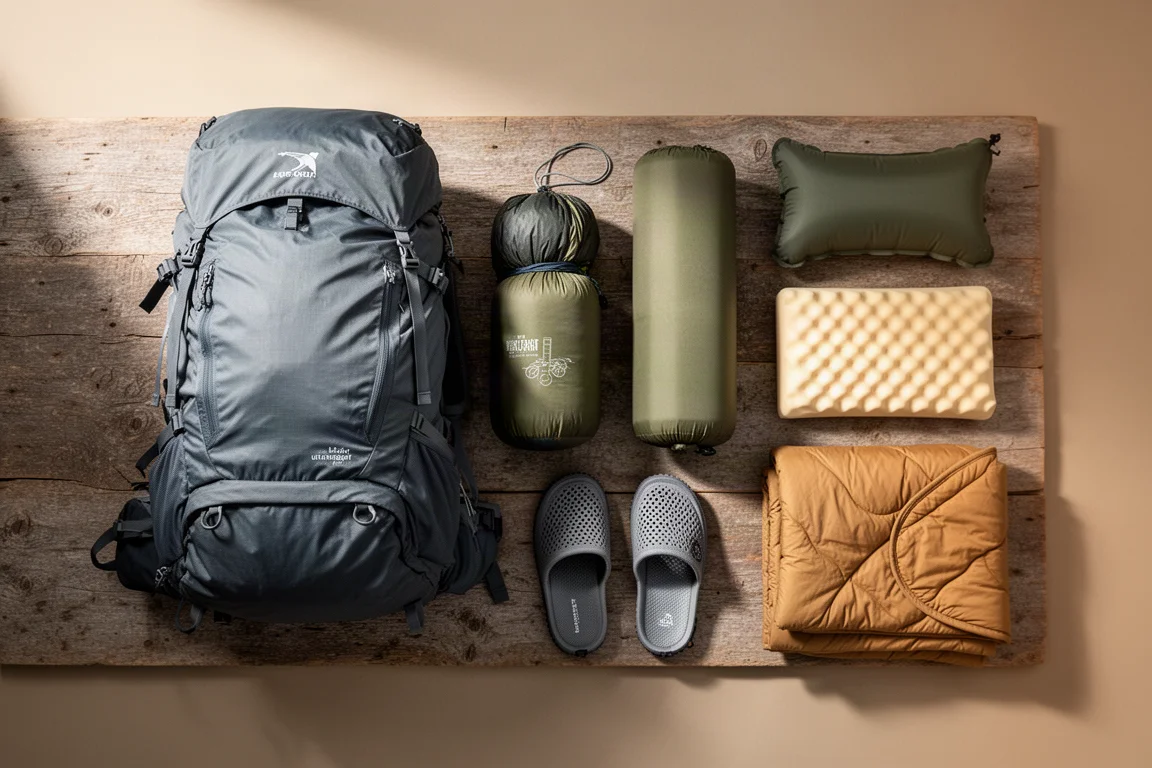 Flat-lay of ultralight backpacking gear including pack, tent, pad, pillow, slippers, and quilt