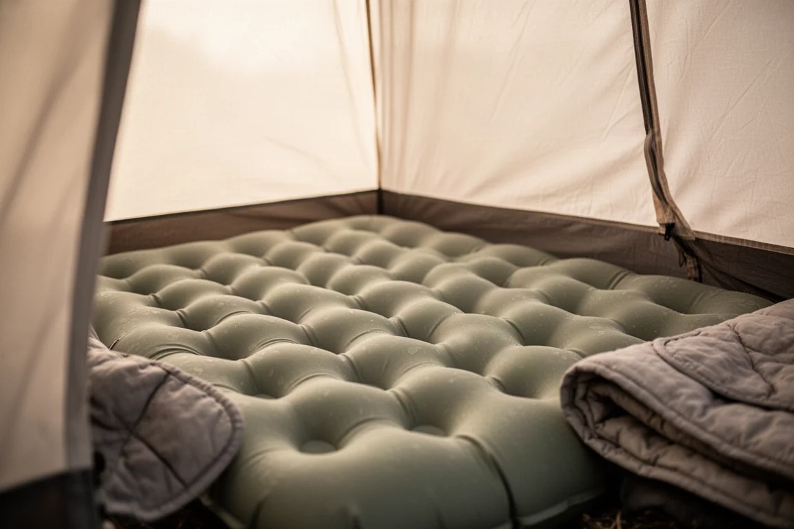 Tältinteriör på natten med liggunderlag, quilt och en liten uppblåsbar kudde