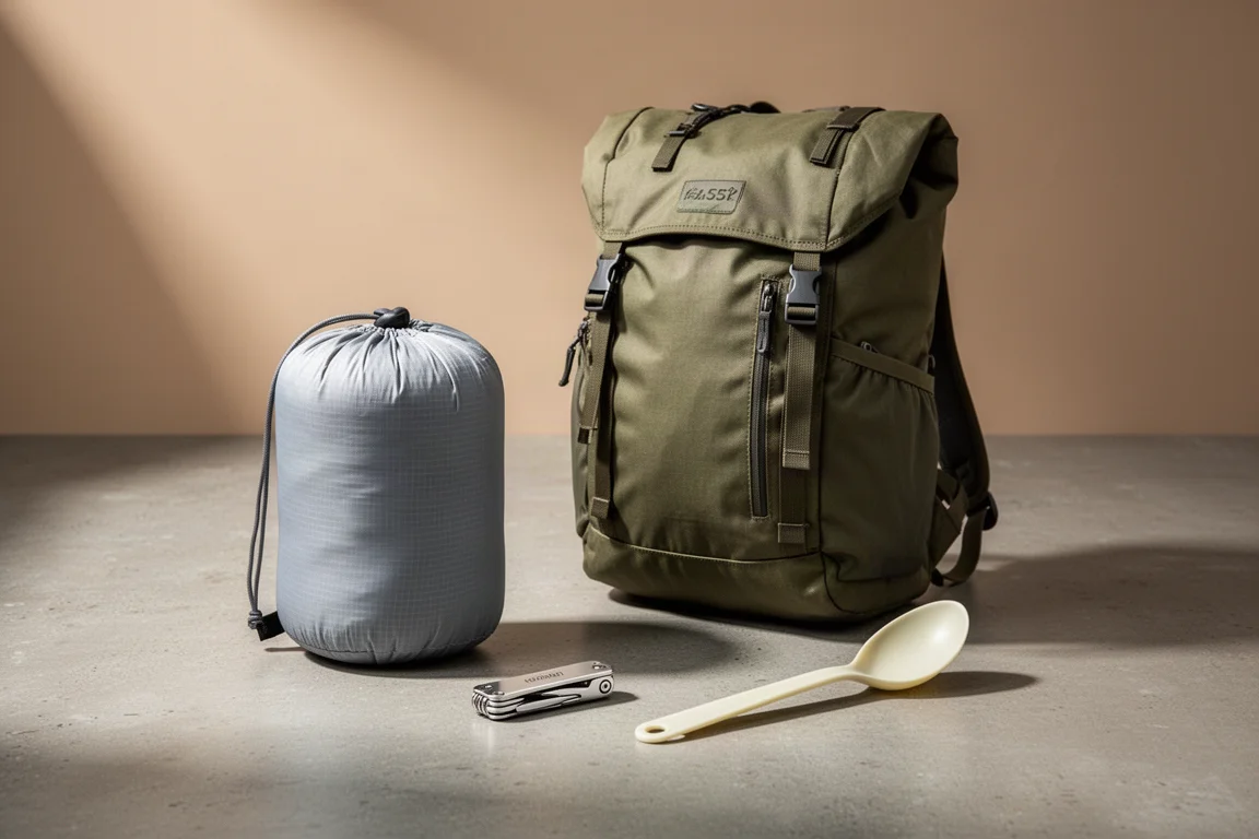 Backpacking gear group shot with a lightweight tent, 55L pack, multitool and camp spoon