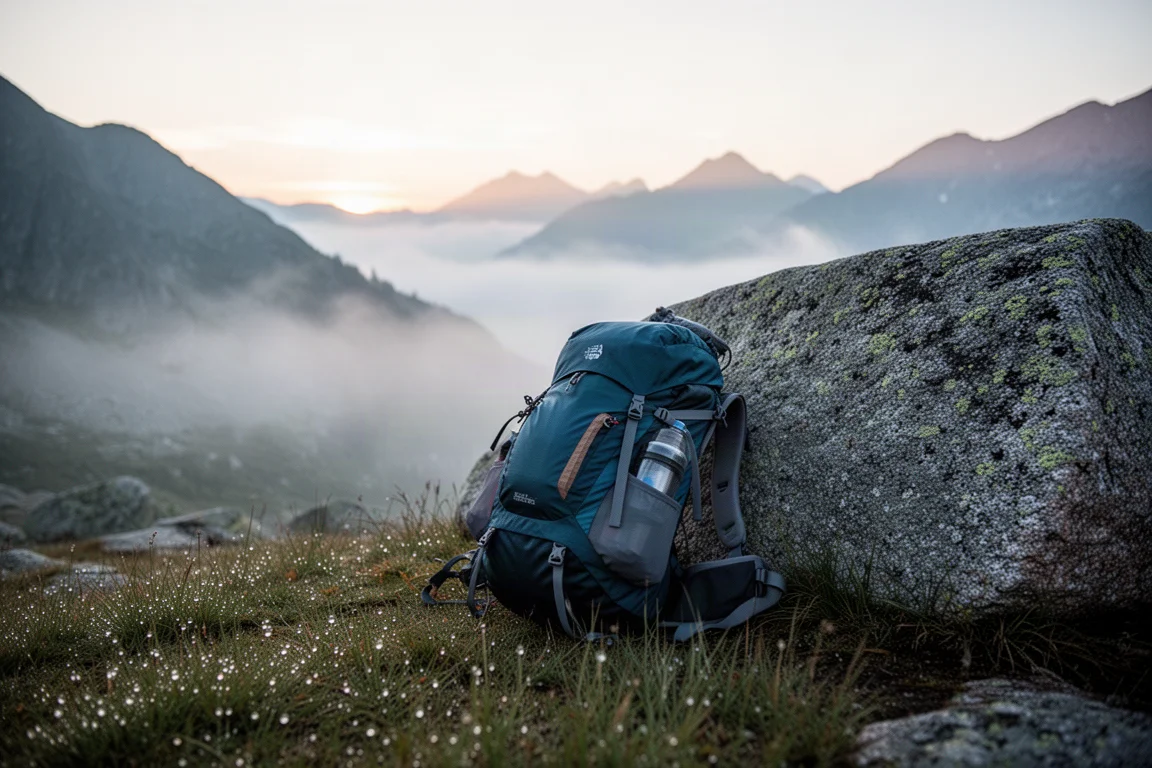Loaded backpack leaning on a granite boulder at an alpine campsite at sunrise