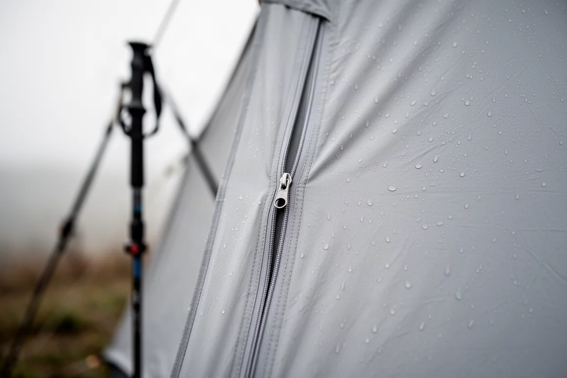 Tent entry panel with a vertical zipper half closed and rain on the fabric