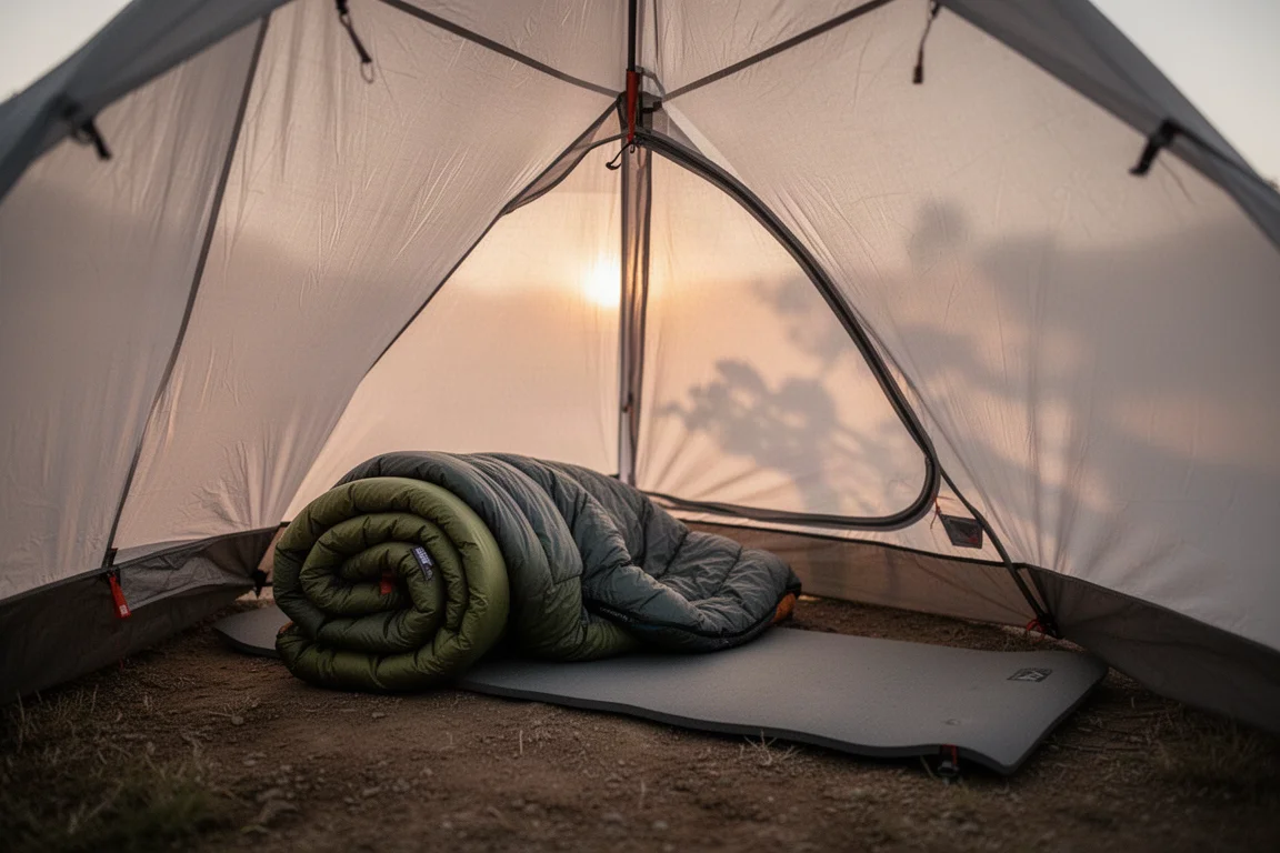 Interior of a small ultralight tent with a rolled quilt and sleeping pad at dusk