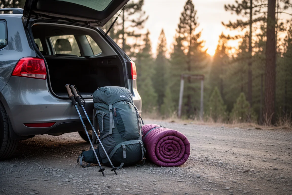 Backpacking gear laid out beside an open car tailgate at a trailhead at sunrise