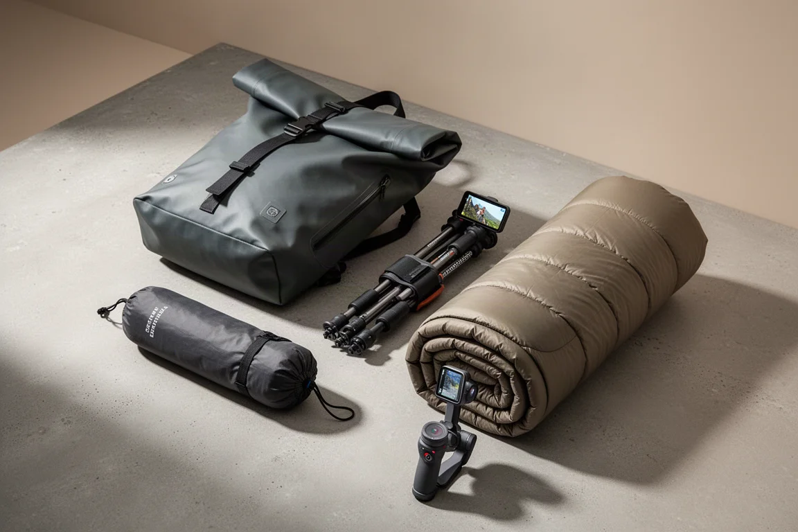 Attrezzatura da backpacking disposta su cemento con zaino, rifugio, quilt e fotocamera palmare