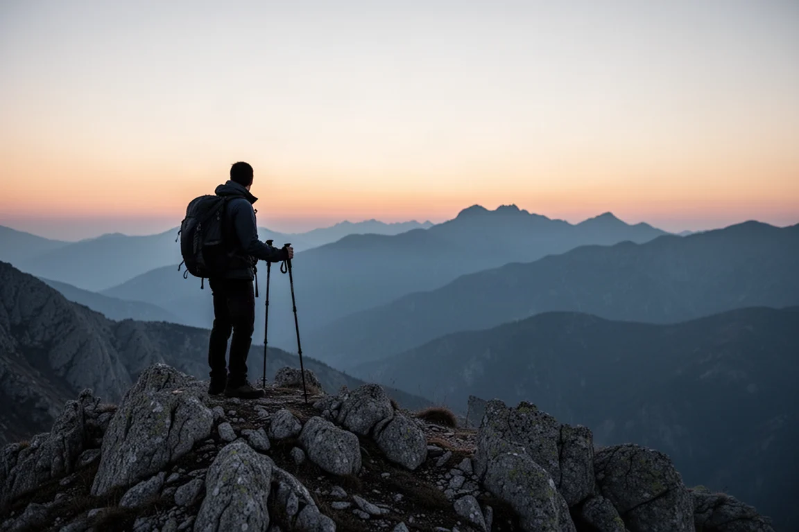 Turysta na skalistym grzbiecie o zmierzchu z opartymi kijkami trekkingowymi, w tle warstwowe góry