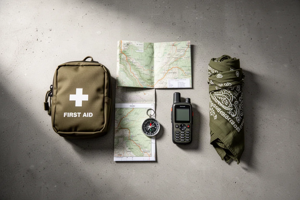 Disposizione piatta di pochette di primo soccorso, mappa topografica, bussola, comunicatore satellitare e bandana