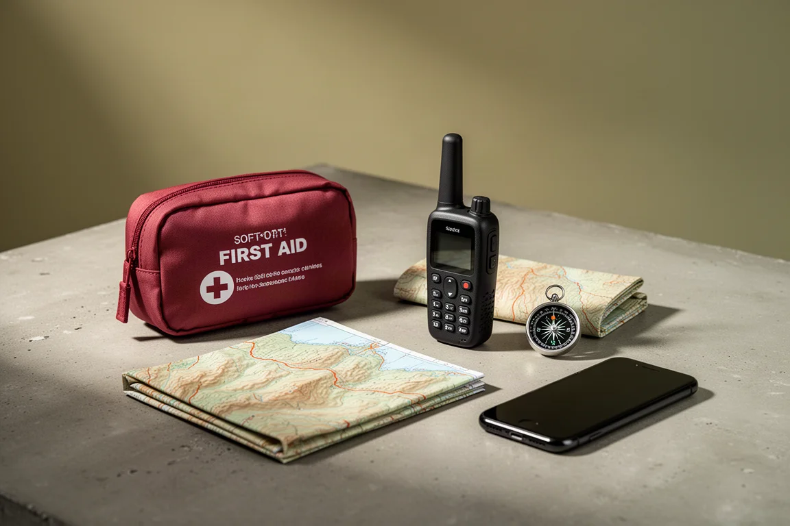 Four backpacking safety essentials arranged on a concrete surface for an editorial review