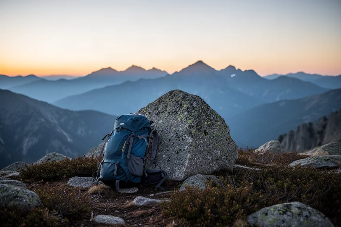 Mochila de senderismo apoyada contra una roca de granito en una cresta de montaña al atardecer