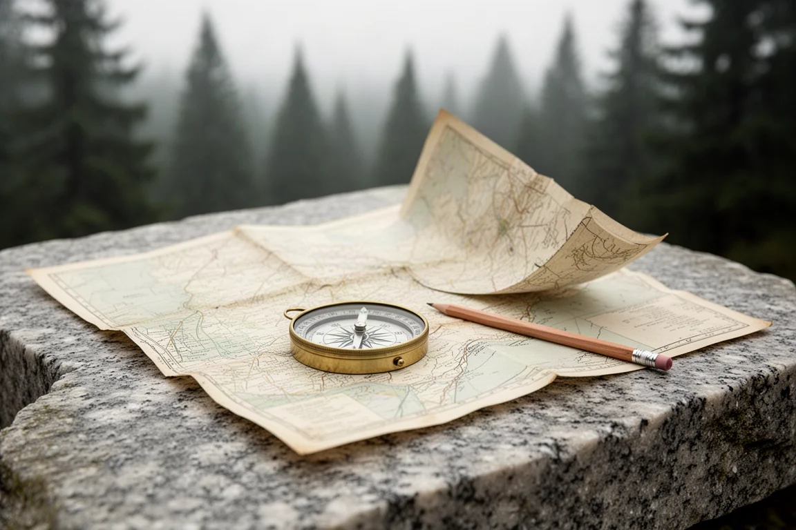 Mapa de papel y brújula de latón extendidos sobre una losa de granito junto a un lápiz corto