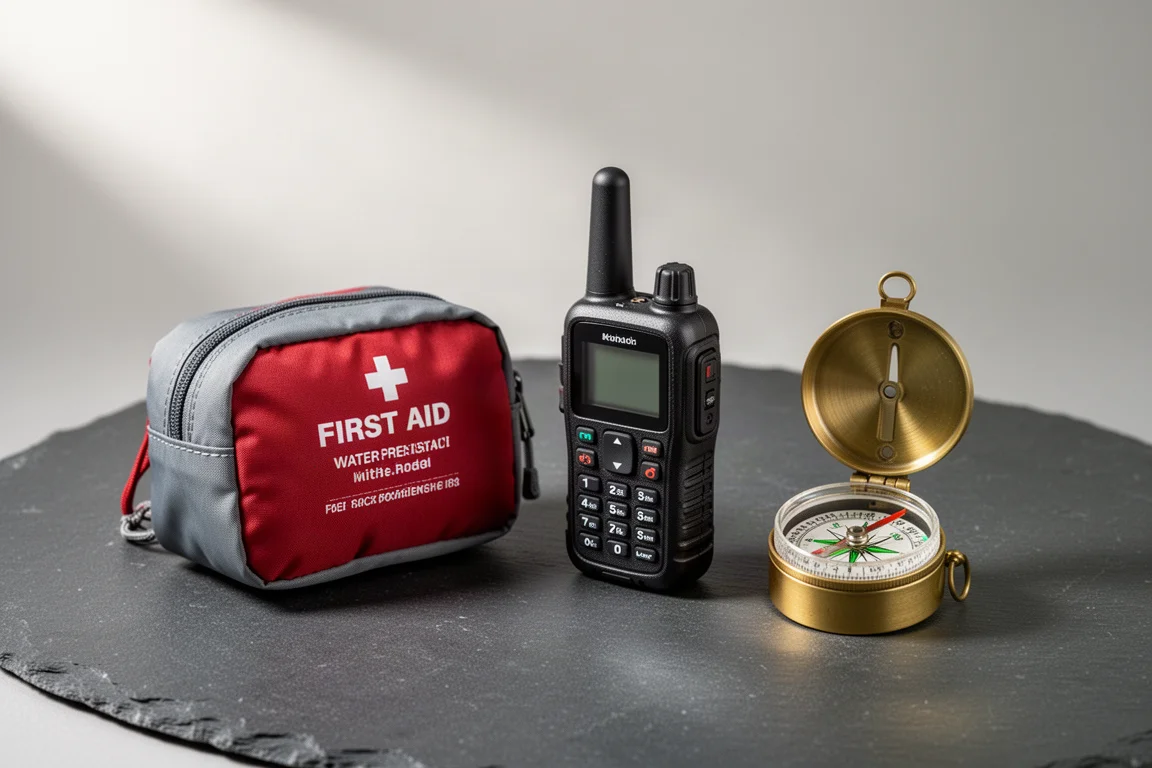 First aid pouch, satellite communicator, and brass compass arranged on a slate surface