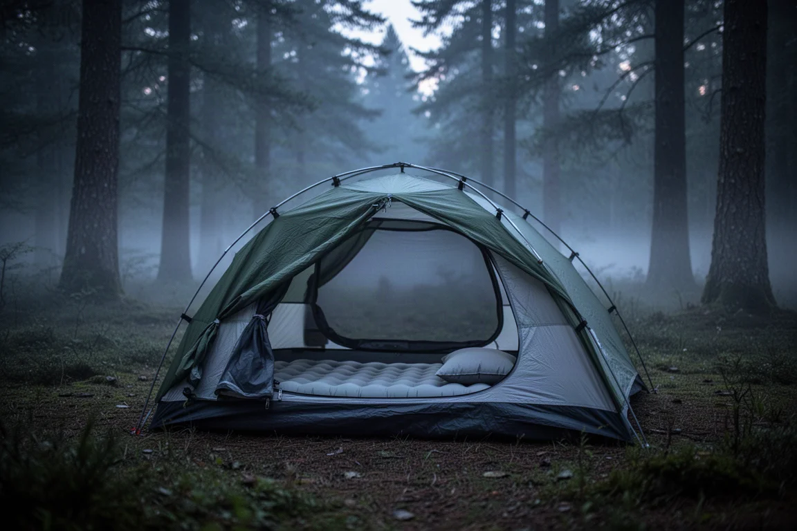 Gocce di pioggia sul telo esterno teso di una tenda da backpacking con luce coperta