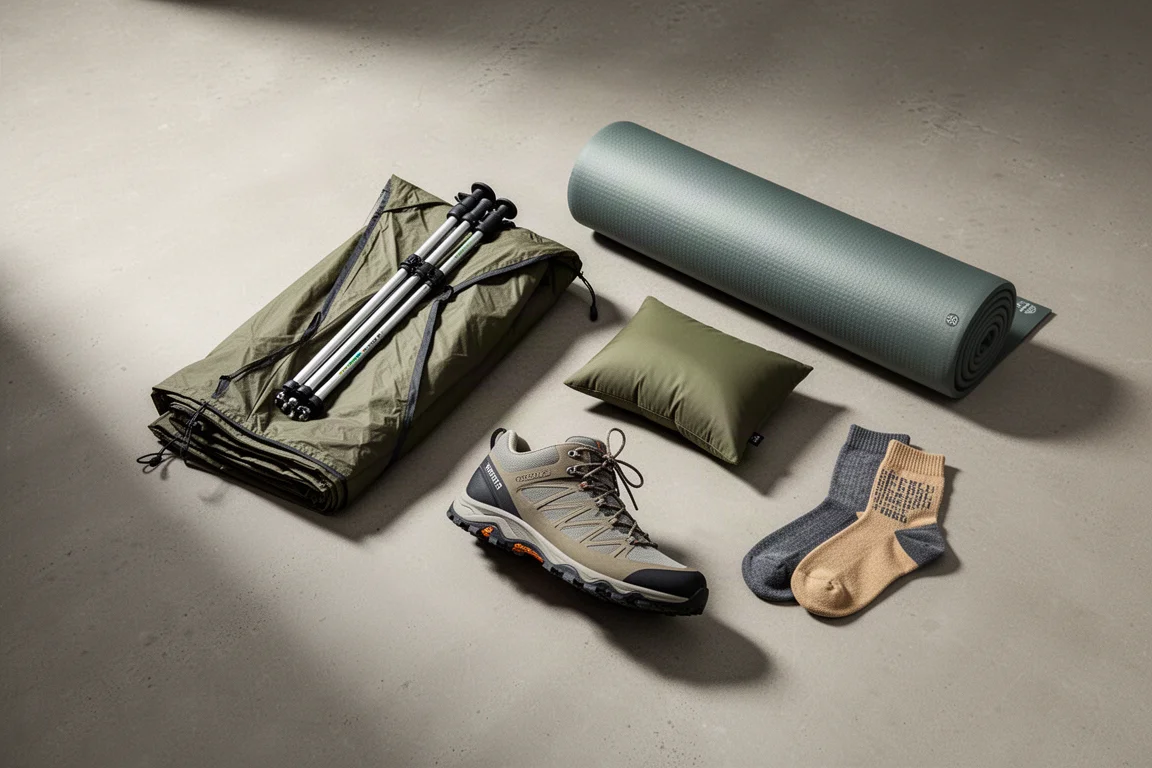 Backpacking tent, sleeping pad, trail sock, and hiking shoe arranged on a concrete surface