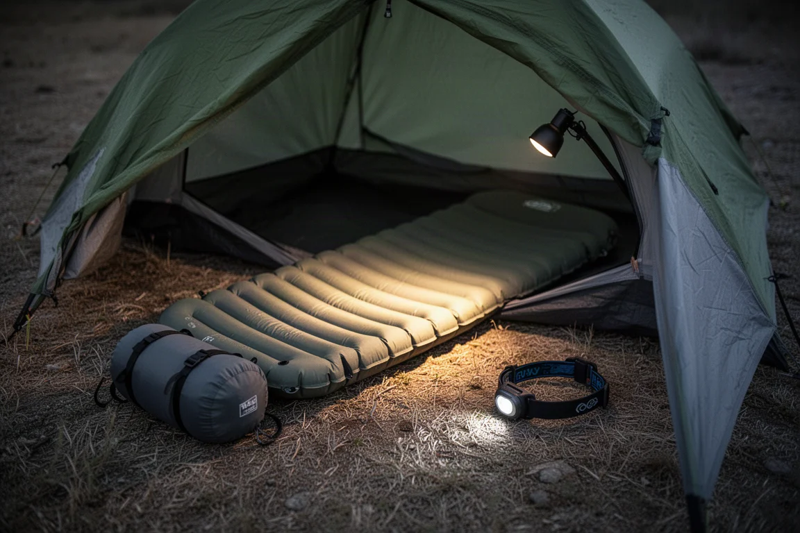 Sleeping pad and stuff sack inside a tent at dusk with warm headlamp glow