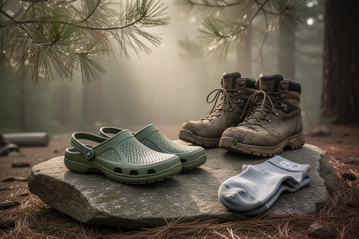 Slip-on foam camp shoes beside muddy hiking boots at a forest campsite