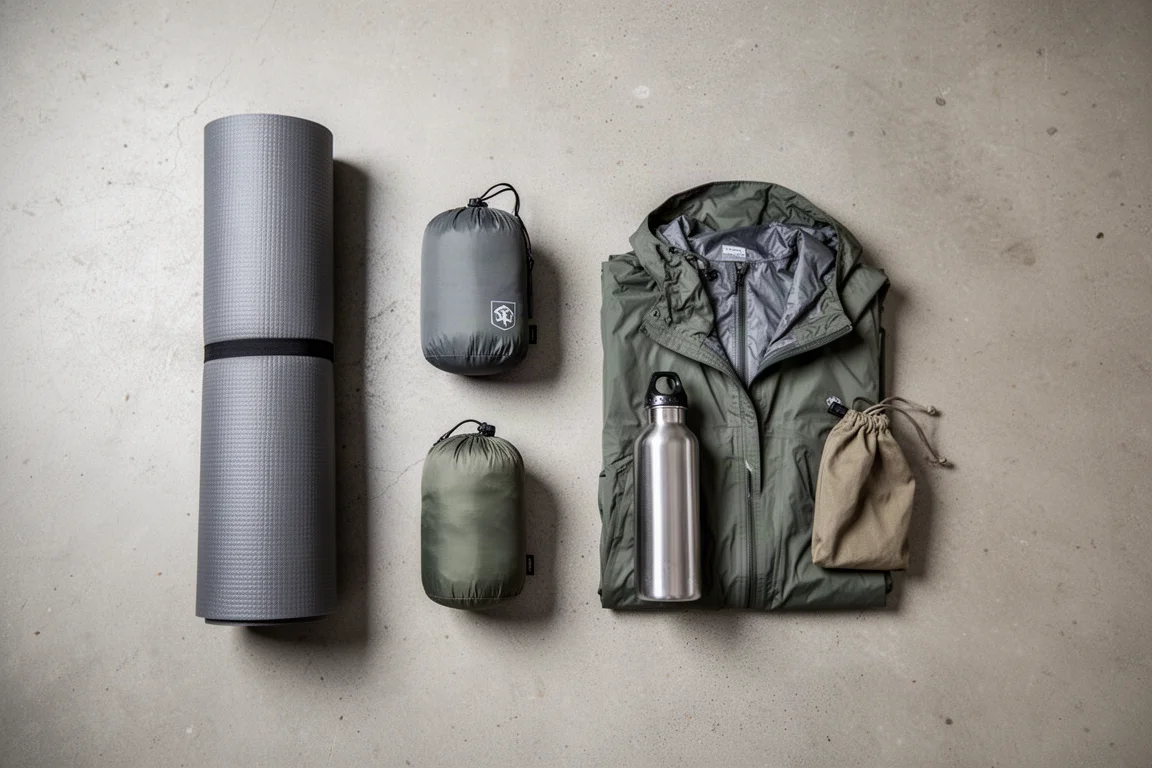 Overhead flat lay of backpacking gear spaced on a concrete floor