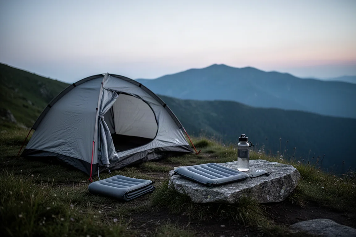 Backcountry campsite at twilight with tent, sit pad and distant ridgeline