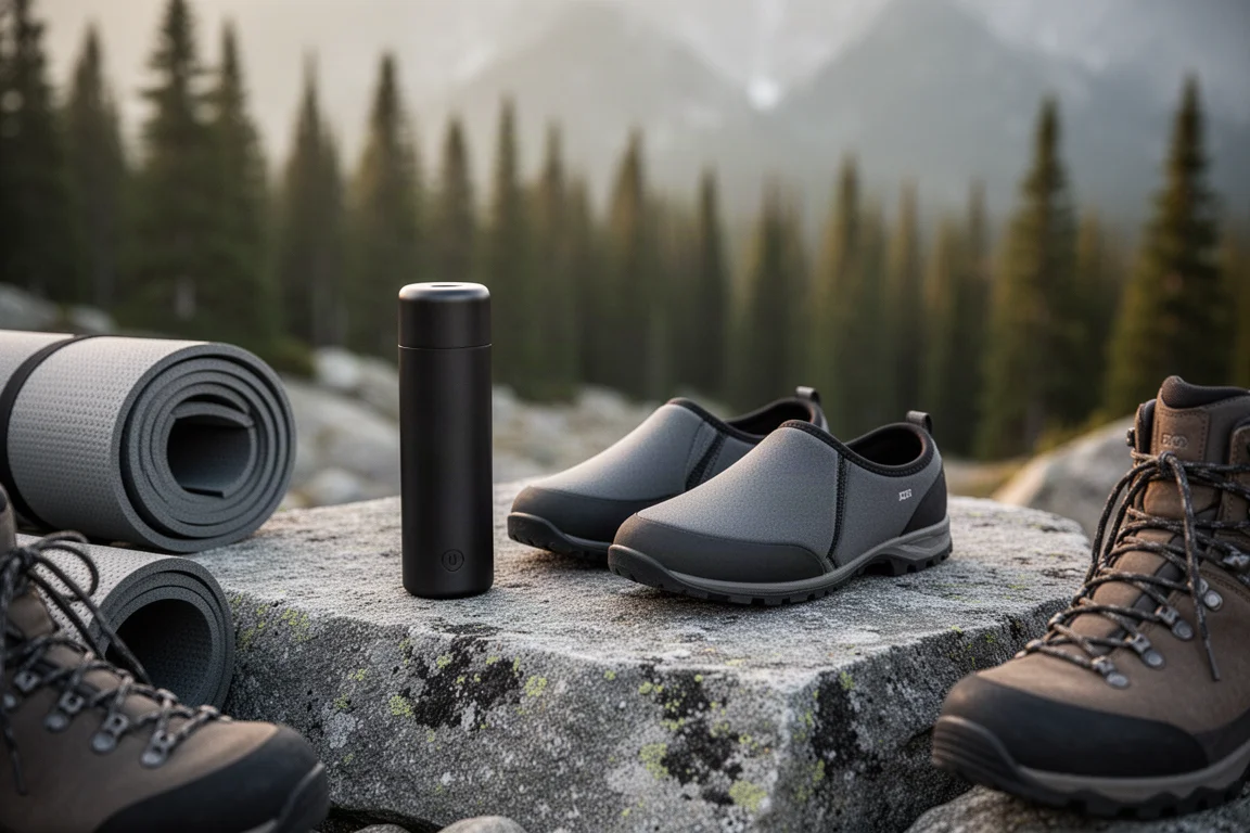 Compact air pump and slip-on foam camp shoes on a rock slab at an alpine campsite
