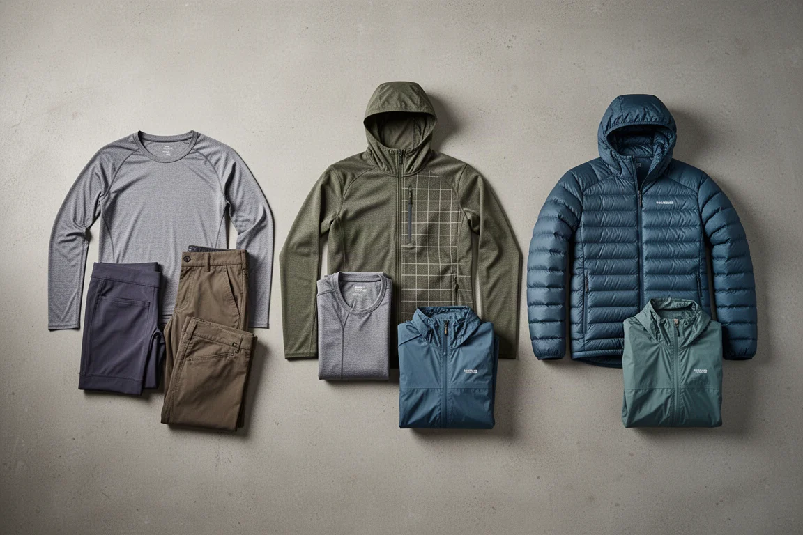 Three backpacking layering systems laid out as flat-lay groupings on concrete