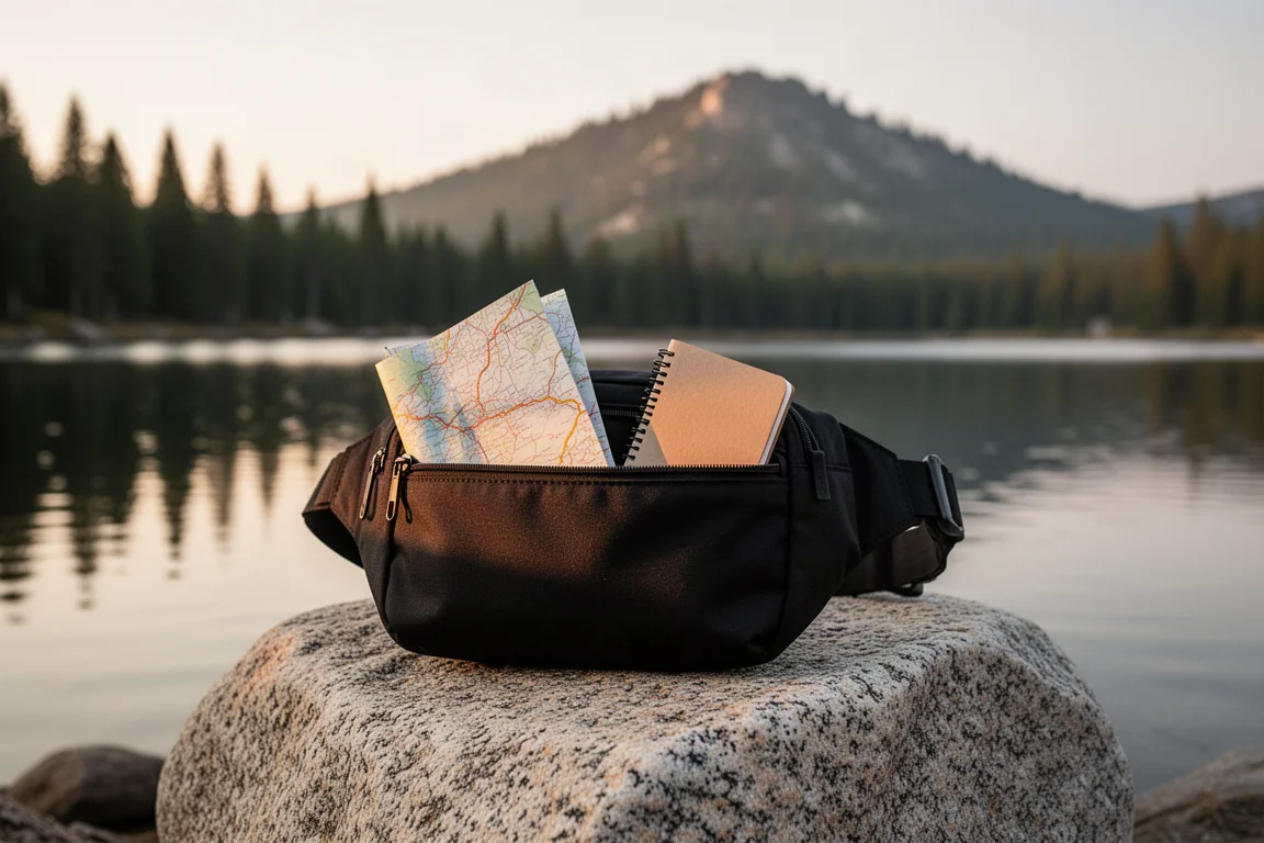 Hip pack apoiado em uma pedra de granito ao lado de um lago de montanha na hora dourada