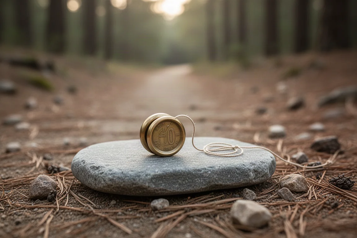 Io-iô em miniatura apoiado em uma pedra lisa ao lado de uma trilha na floresta