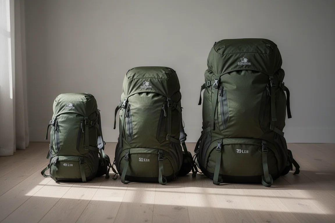 Trzy plecaki trekkingowe o rosnących rozmiarach ustawione w rzędzie na drewnianej podłodze