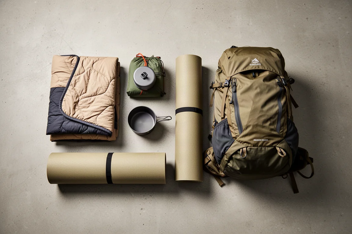 Flache Anordnung von Backpacking-Ausrüstung und ein offener leichter Rucksack auf Beton