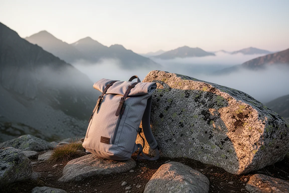 Leichter Rolltop-Rucksack lehnt bei Sonnenaufgang an einem Granitfindling