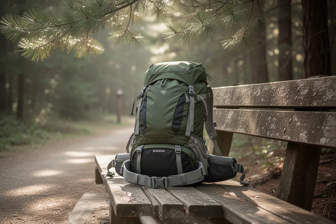 Mittelgroßer Wanderrucksack mit gepolstertem Hüftgurt auf einer Holzbank am Trailhead