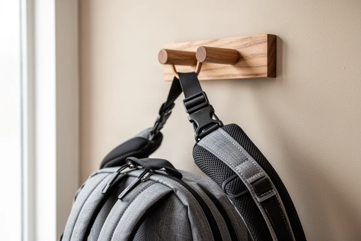 Gepolsterter Hüftgurt und Schultergurte eines Rucksacks hängen an einem Wandhaken