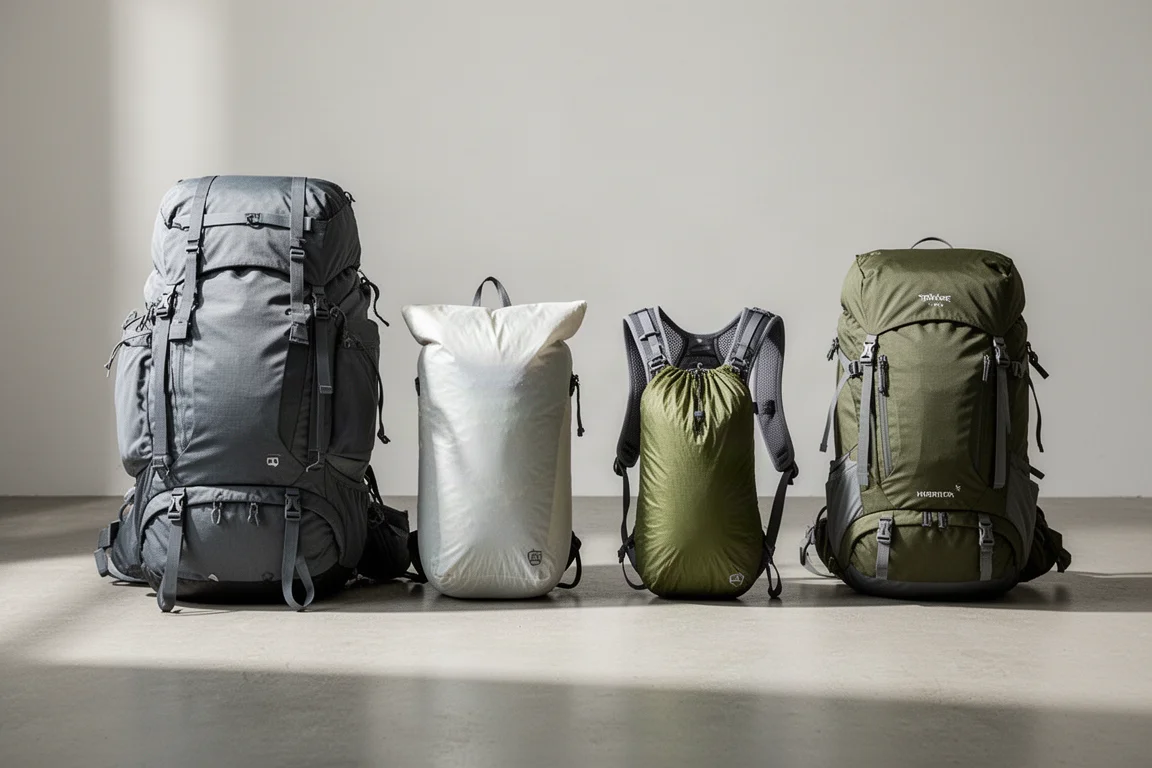 Four different backpacking packs arranged in a row on a pale concrete floor