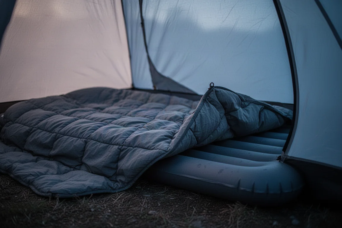 Quilt spread over a sleeping pad inside a tent at dusk with a side gap visible