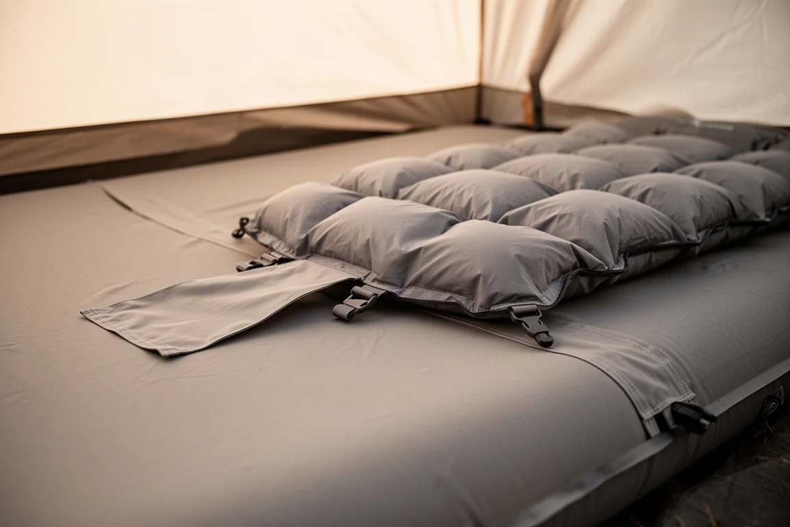 Close-up of quilt sheet clips attached to a sleeping pad inside a tent