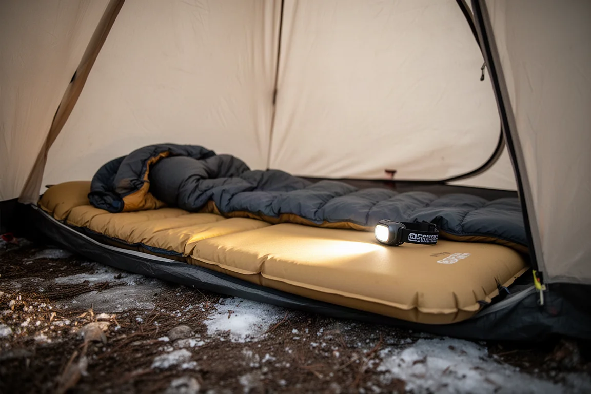 Sleeping pad and quilt inside a tent lit by a headlamp at night