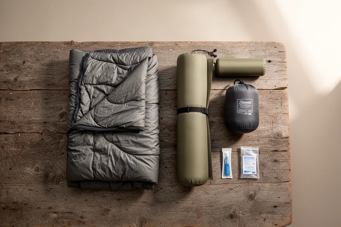 Overhead flat lay of a folded quilt, rolled pad, and stuff sack on wood