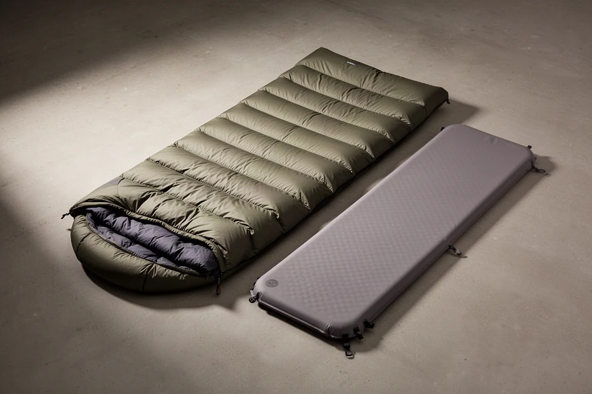 Backpacking quilt, inflatable sleeping pad, and fitted sheet arranged on a concrete surface