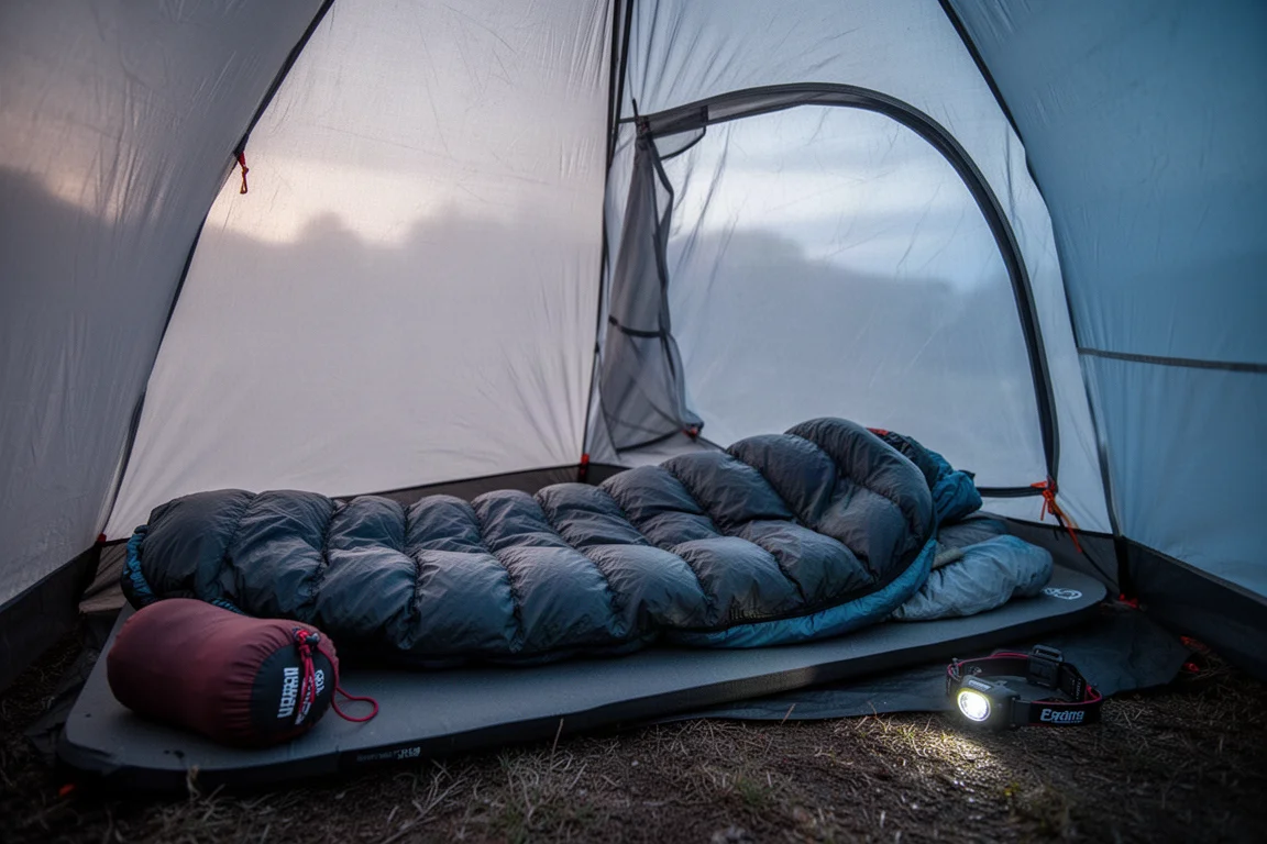 Intérieur de tente au crépuscule avec une couette en duvet étalée sur un matelas de couchage