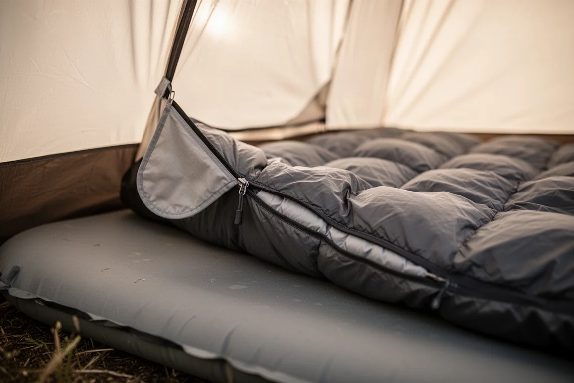 Gros plan sur un drap de couette fixé à un matelas de couchage à l'intérieur d'une tente